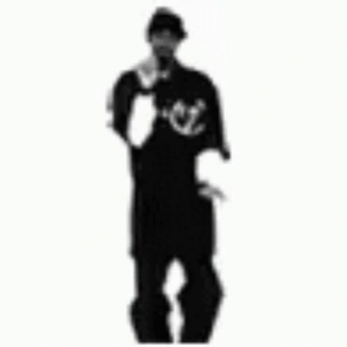 A Black And White Photo Of A Man In A Black Shirt And Hat Standing On A White Background . GIF