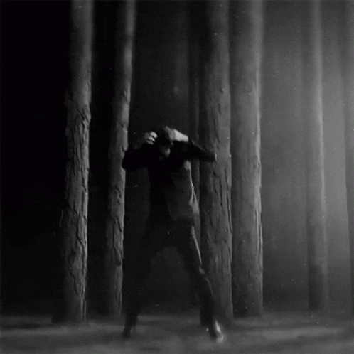 A Black And White Photo Of A Man In A Forest GIF