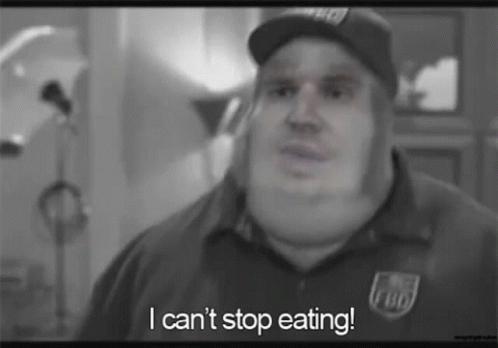 a black and white photo of a man in a hat saying `` i can 't stop eating ''