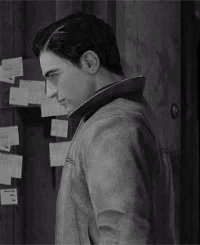 A Black And White Photo Of A Man In A Leather Jacket Standing In Front Of A Wall Covered In Sticky Notes . GIF