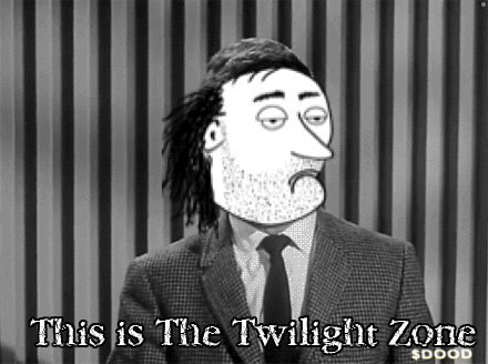 A Black And White Photo Of A Man In A Suit And Tie Says This Is The Twilight Zone GIF