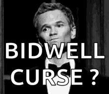 A Black And White Photo Of A Man In A Tuxedo Saying `` Bidwell Curse ? '' GIF
