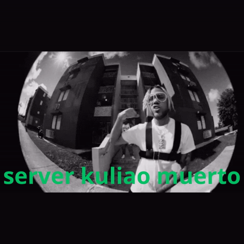 A Black And White Photo Of A Man In Front Of A Building With The Words Server Kuliao Muerto GIF