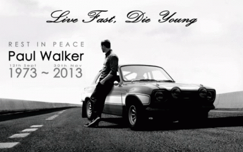 A Black And White Photo Of A Man Leaning Against A Car With The Words Rest In Peace Paul Walker 1973-2013 GIF