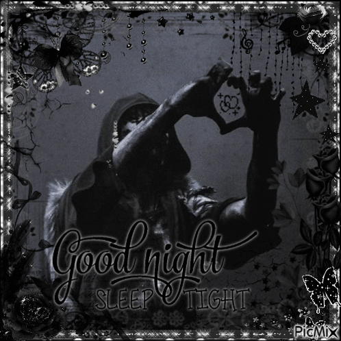 A Black And White Photo Of A Man Making A Heart Shape With His Hands And The Words Good Night Sleep Tight GIF