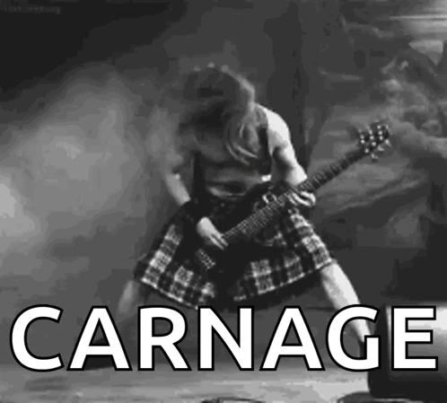 A Black And White Photo Of A Man Playing A Guitar With The Word Carnage Written Below Him GIF