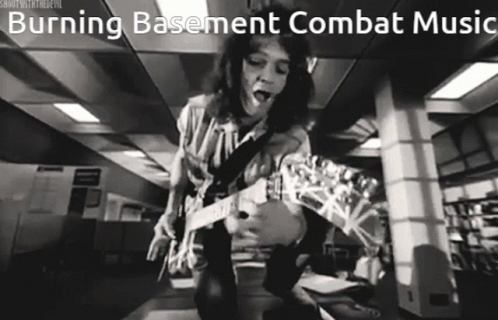 A Black And White Photo Of A Man Playing A Guitar With The Words Burning Basement Combat Music Above Him GIF