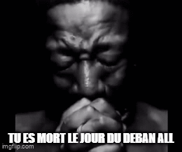 A Black And White Photo Of A Man Praying With The Words Tu Es Mort Le Jour Du Deban All Below Him GIF