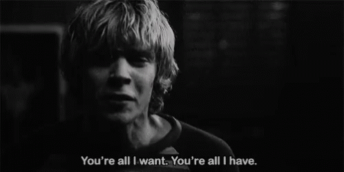 A Black And White Photo Of A Man Screaming With The Words You 'Re All I Want You 'Re All I Have Below Him GIF