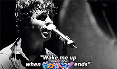 a black and white photo of a man singing into a microphone with the words wake me up when i doka poni ends