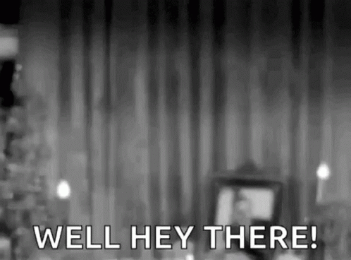 A Black And White Photo Of A Man Standing In Front Of A Curtain With The Words `` Well Hey There '' . GIF