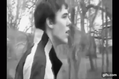 A Black And White Photo Of A Man Standing In Front Of A Forest . GIF