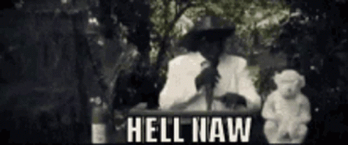 A Black And White Photo Of A Man Standing In Front Of A Microphone With The Words Hell Iwaw Written On It . GIF