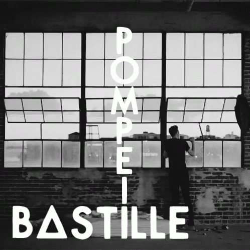 A Black And White Photo Of A Man Standing In Front Of A Window With Pompeii Bastille Written In White GIF