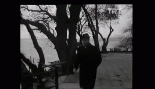 A Black And White Photo Of A Man Standing In Front Of Trees With Trt Written On The Bottom GIF