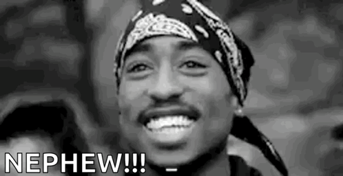 A Black And White Photo Of A Man Wearing A Bandana And Smiling With The Words `` Nephew '' . GIF