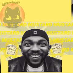 A Black And White Photo Of A Man Wearing A Black Hat That Says Yellow Mustard On It GIF