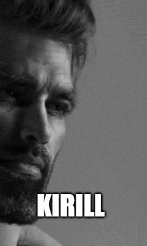 A Black And White Photo Of A Man With A Beard And The Word Kirill Written On His Face . GIF