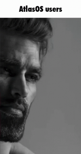 Black And White Photo Of Bearded Man With AtlasOS Users Text GIF