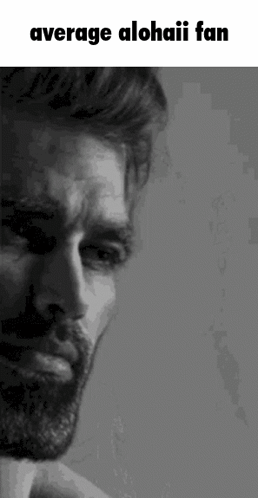 A Black And White Photo Of A Man With A Beard And The Words `` Average Alohaii Fan '' Below Him . GIF