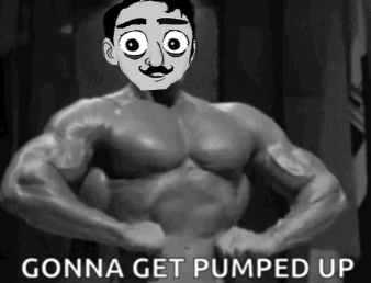 A Black And White Photo Of A Man With A Cartoon Face And The Words Gonna Get Pumped Up GIF