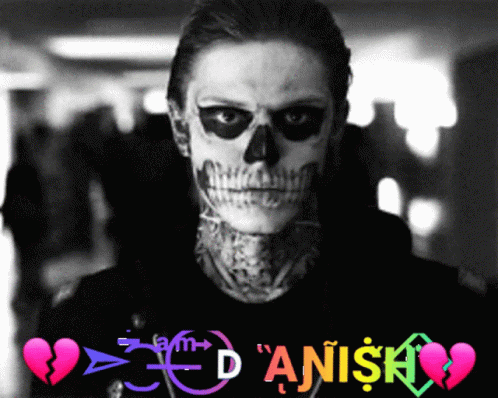 A Black And White Photo Of A Man With A Skull Painted On His Face And The Name Anish On The Bottom GIF