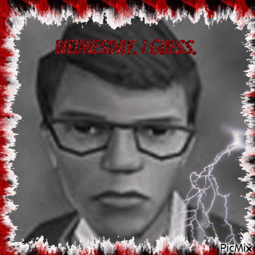 A Black And White Photo Of A Man With Glasses And The Words Wednesday Class Above Him GIF