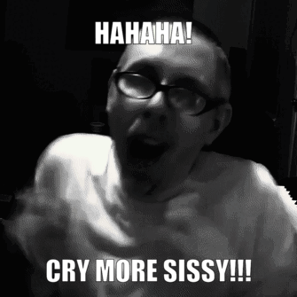 A Black And White Photo Of A Man With Glasses Laughing And Saying Cry More Sissy GIF