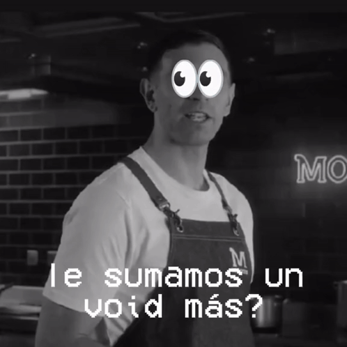 A Black And White Photo Of A Man With Googly Eyes And The Words Le Sumamos Un Void Mas On The Bottom GIF