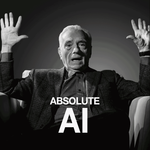 A Black And White Photo Of A Man With His Hands In The Air And The Words Absolute Ai Above Him GIF