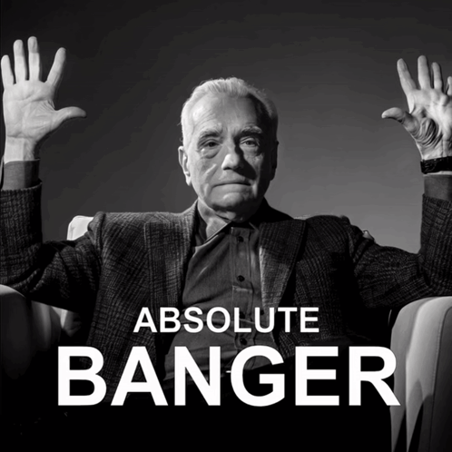 A Black And White Photo Of A Man With His Hands In The Air And The Words Absolute Banger Below Him GIF