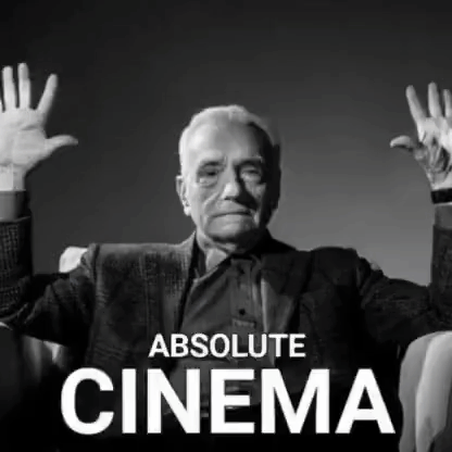 A Black And White Photo Of A Man With His Hands In The Air And The Words Absolute Cinema GIF