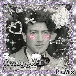 A Black And White Photo Of A Man With Pink Cheeks Is Surrounded By Purple Glitter And Hearts GIF