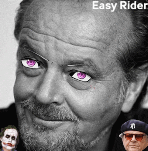 A Black And White Photo Of A Man With Purple Eyes And The Words Easy Rider Above Him GIF