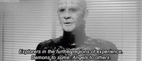 a black and white photo of a man with spikes on his face and the words `` explorers in the further regions of experience