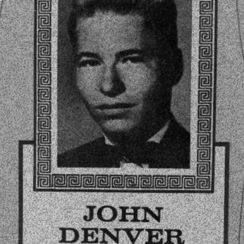 A Black And White Photo Of A Man With The Name John Denver On The Bottom GIF