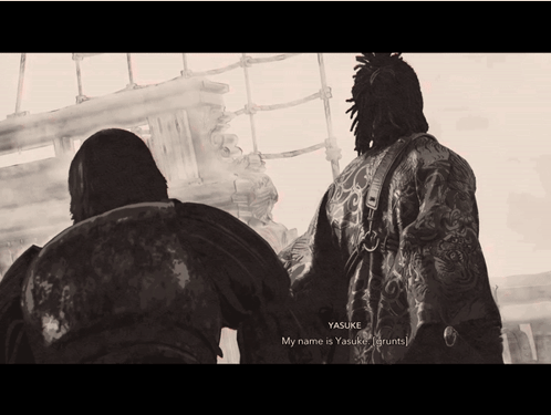 A Black And White Photo Of A Man With The Name Yasuke GIF