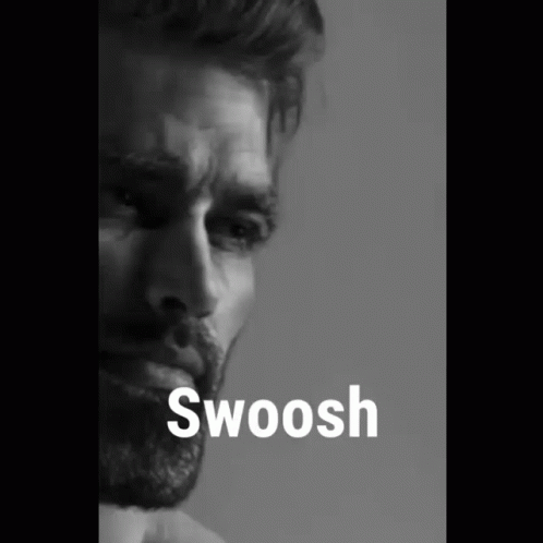 A Black And White Photo Of A Man With The Word Swoosh In White GIF