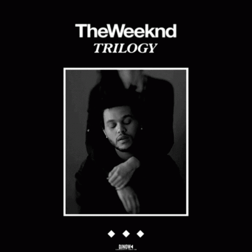 A Black And White Photo Of A Man With The Word Trilogy On It GIF
