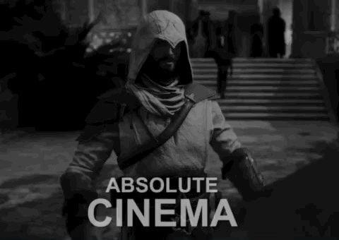 Black And White Photo Of Man With Absolute Cinema Text GIF