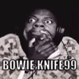 A Black And White Photo Of A Man With The Words Bowie Knife99 GIF