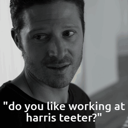 A Black And White Photo Of A Man With The Words " Do You Like Working At Harris Teeter " GIF