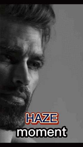 A Black And White Photo Of A Man With The Words Haze Moment On The Bottom GIF
