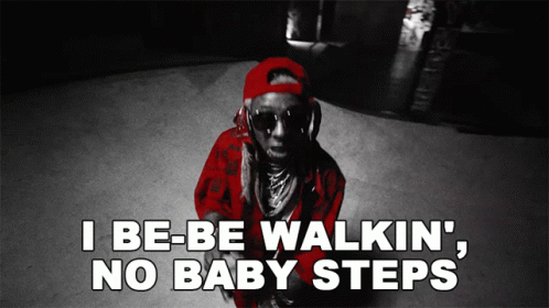 A Black And White Photo Of A Man With The Words I Be Be Walkin ' No Baby Steps GIF