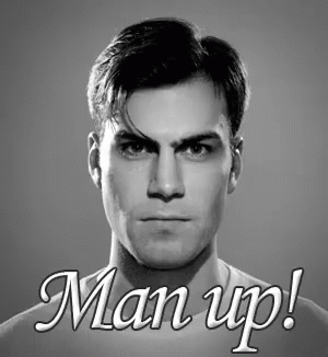 A Black And White Photo Of A Man With The Words Man Up On The Bottom GIF