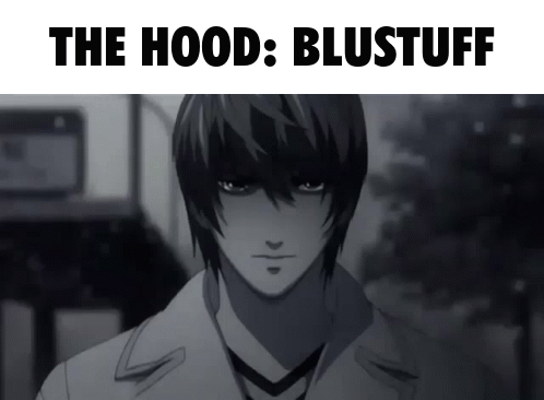 A Black And White Photo Of A Man With The Words The Hood Blustuff Below Him GIF
