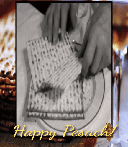 A Black And White Photo Of A Person Cutting A Piece Of Matzo With The Words Happy Pesach Below It GIF