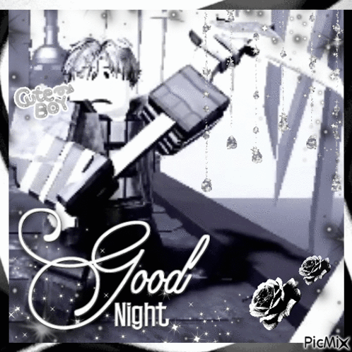 A Black And White Photo Of A Person Holding A Gun And The Words Good Night GIF