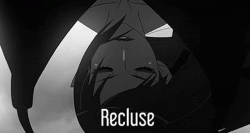 A Black And White Photo Of A Person Laying On Their Back With The Words `` Recluse '' Written Above Them . GIF