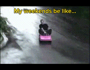 A Black And White Photo Of A Person On A Pink Scooter With The Words My Weekends Be Like GIF